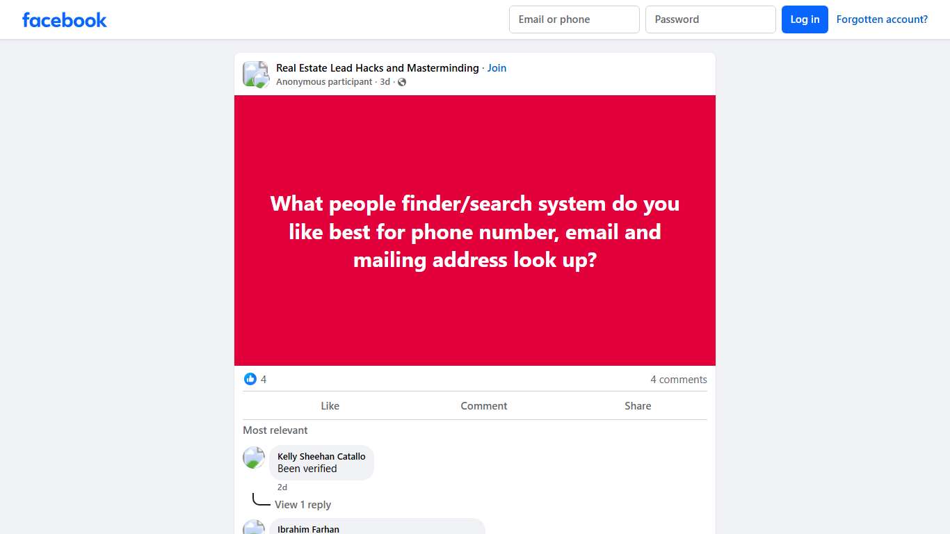 Real Estate Lead Hacks and Masterminding | What people finder/search system do you like best for phone number, email and mailing address look up | Facebook